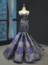 Blue And Gray Satin Mermaid Dress Sweetheart Prom Dress With Pleats